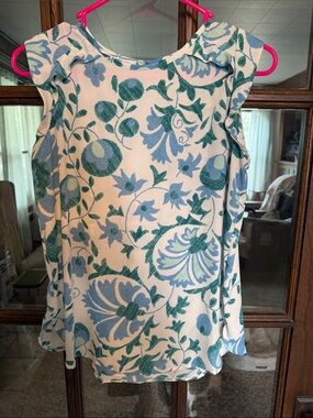 LOFT Petites Blue Teal Floral Ruffle Shoulder Sleeveless Blouse‎ SP White Top